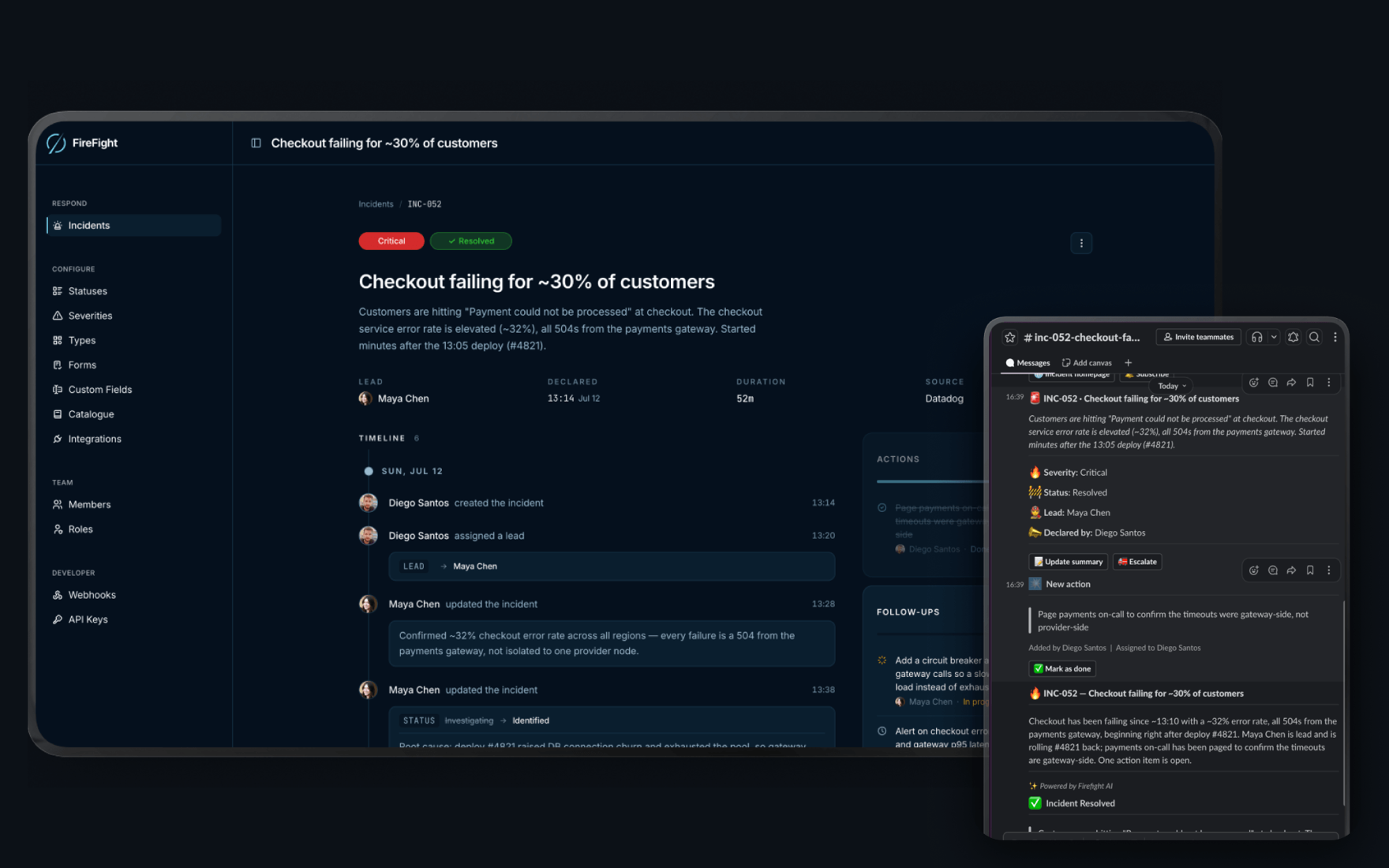 Firefight: declare and resolve incidents in Slack, tracked in a full web dashboard