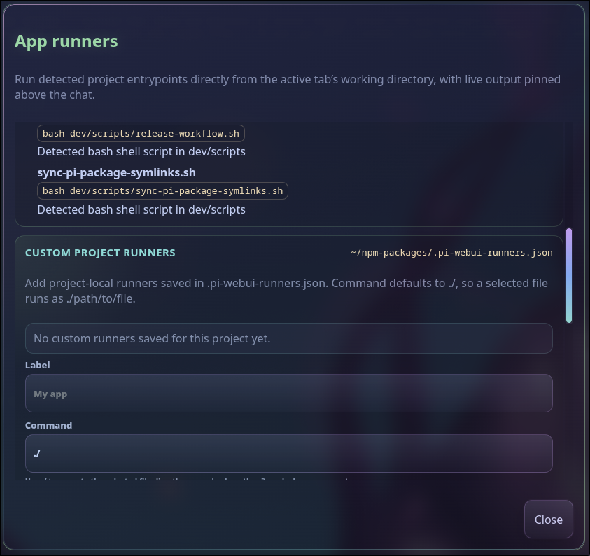 Pi Web UI app runner selector showing detected project runners and custom runner creation