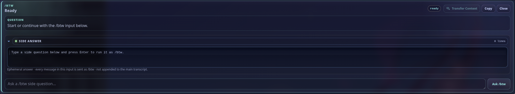 Pi Web UI BTW widget showing a side-question input and live side-thread output