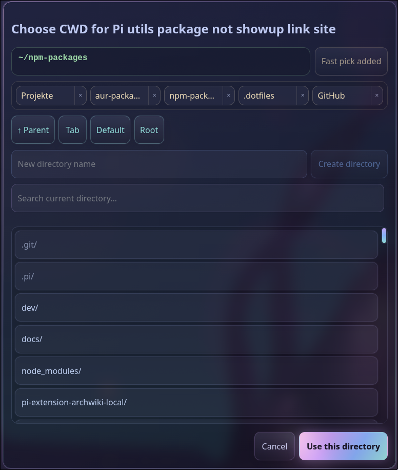 Pi Web UI working-directory picker with recent paths, saved directories, and create-directory action