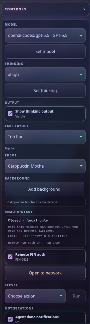 Pi Web UI side control panel with model, session, workspace, theme, update, optional feature, and usage controls