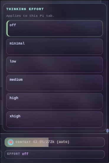 Pi Web UI thinking effort picker showing off, minimal, low, medium, high, and xhigh choices