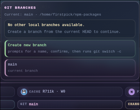 Pi Web UI git branch picker showing the current branch and create-branch action