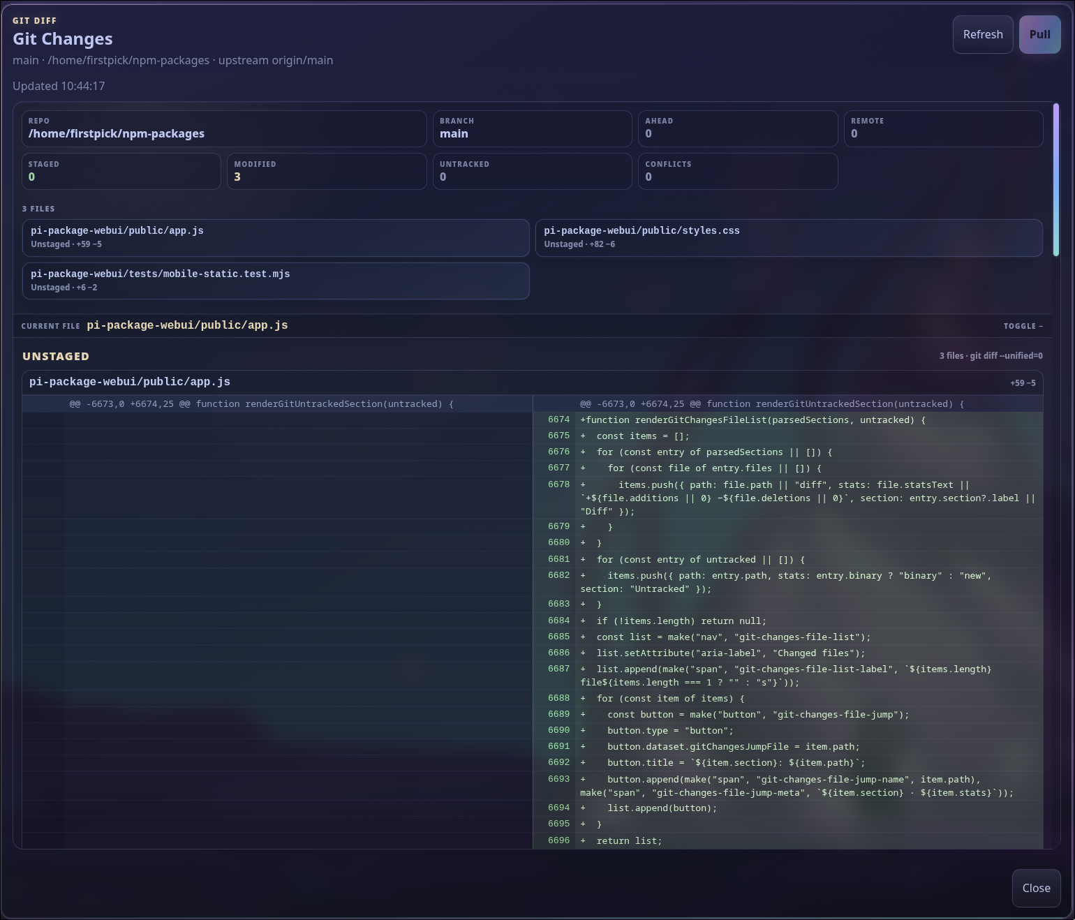Pi Web UI Git Changes dialog showing repository status, file list, and side-by-side diff rows