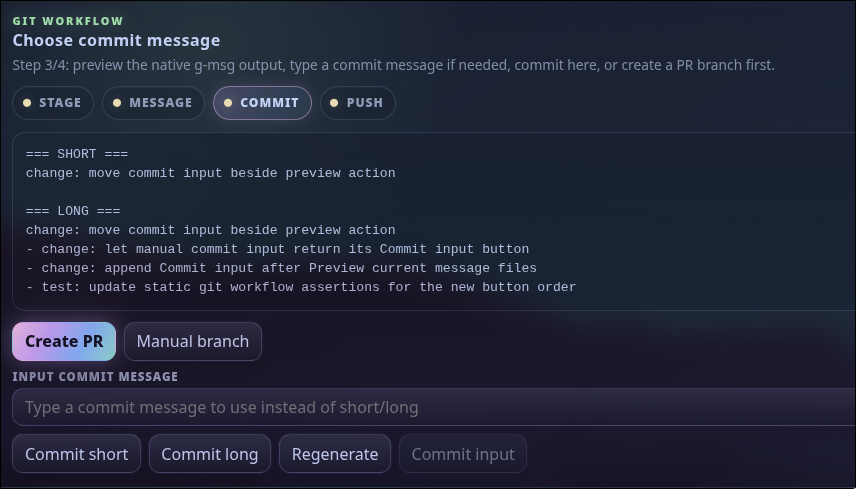 Pi Web UI guided Git workflow showing staged changes, generated commit messages, and PR controls
