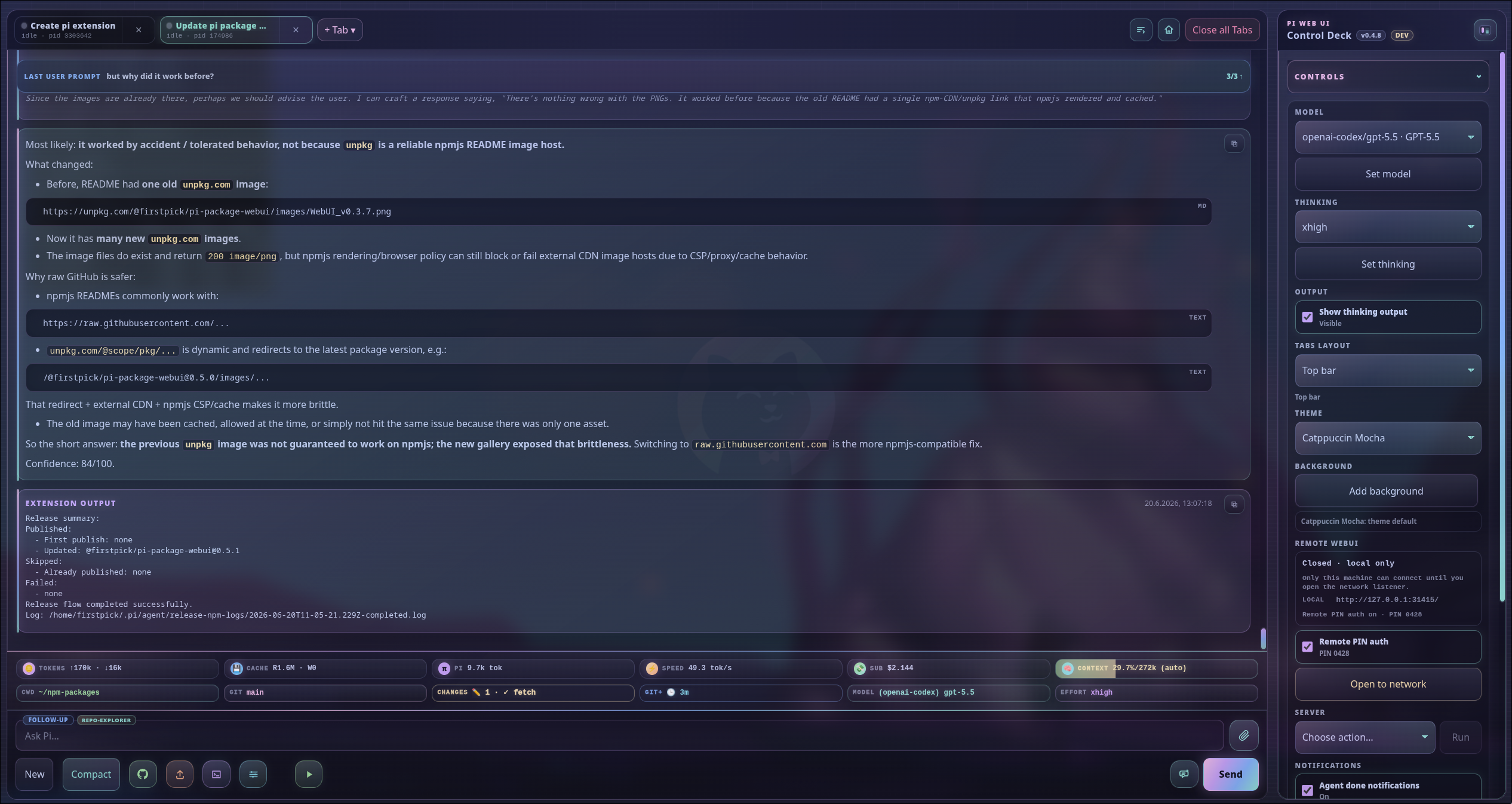 Pi Web UI main window showing multi-tab chat, streaming output, footer status, composer, and side controls