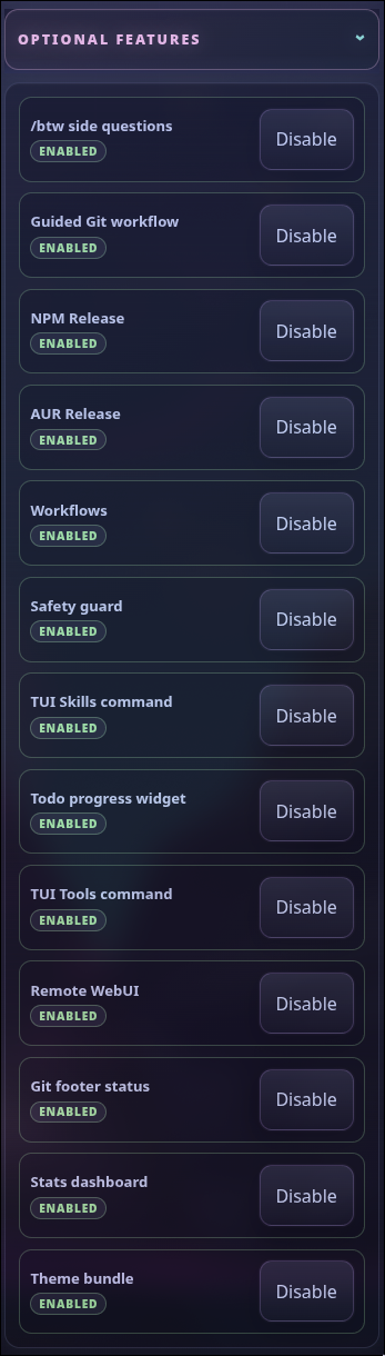 Pi Web UI optional features list showing companion packages and install or update states