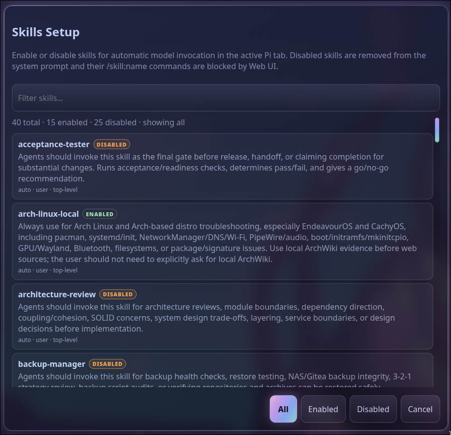 Pi Web UI skills setup dialog listing installed skills and activation controls