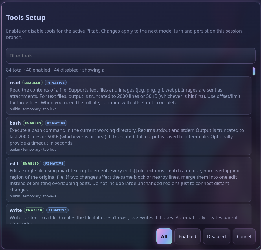 Pi Web UI tools setup dialog listing available tools with enable and disable controls