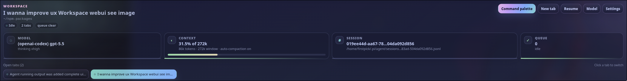 Pi Web UI workspace dashboard showing the active project, model, session cards, and quick actions