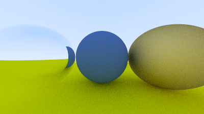 An air bubble in water, a blue sphere, and a shiny metal sphere on top of a yellow-ish sphere