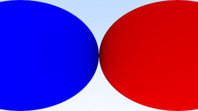 A large blue sphere and a large red sphere next to each other