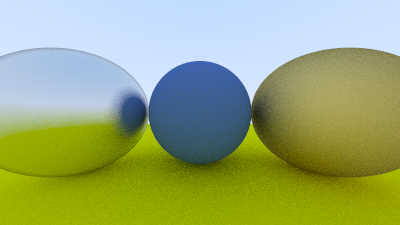 Two fuzzy, shiny metal spheres flanking a blue sphere on top of a yellow-ish sphere