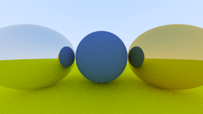 Two shiny metals spheres flanking a blue sphere on top of a yellow-ish sphere