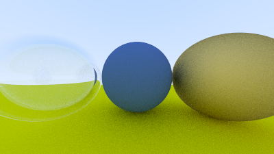 A hollow glass sphere, a blue sphere, and a shiny metal sphere on top of a yellow-ish sphere