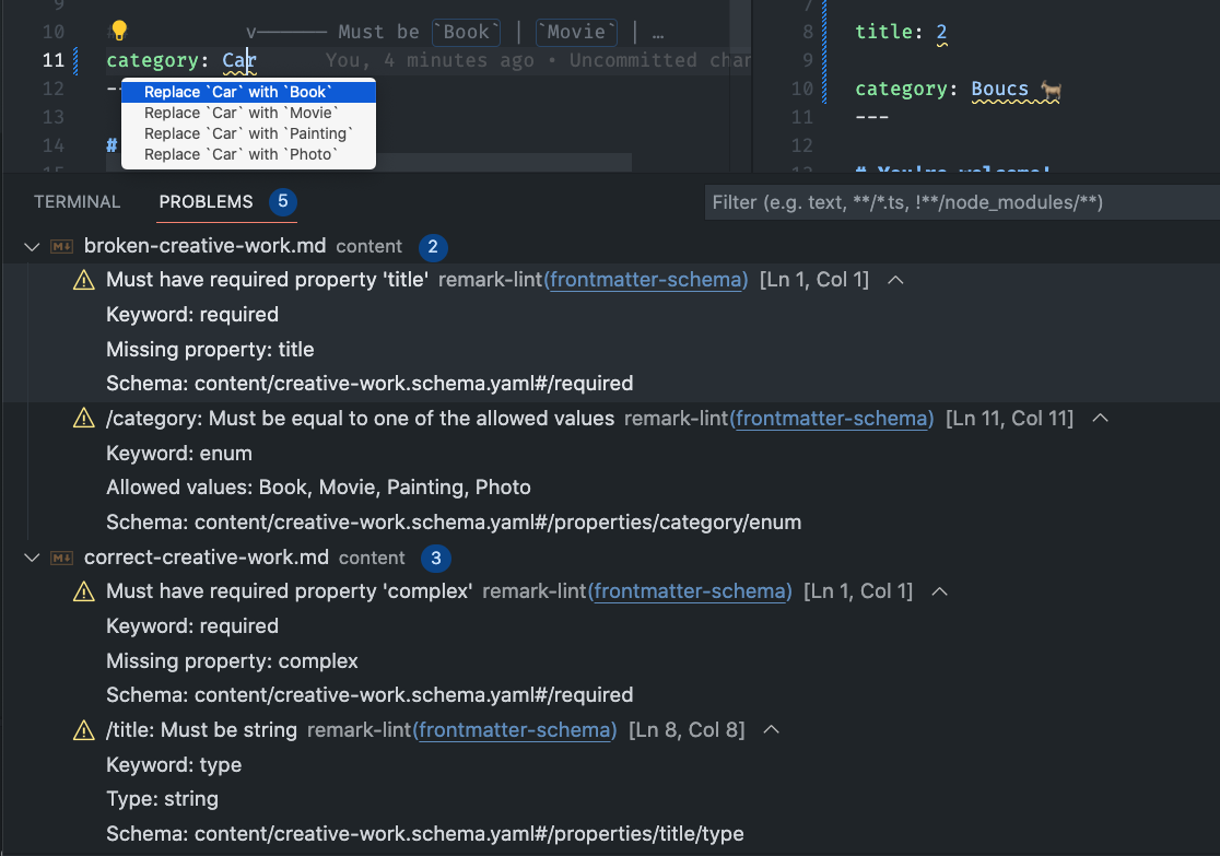 Demo screenshot of frontmatter schema linter 2