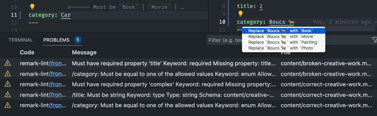 Demo screenshot of frontmatter schema linter 3