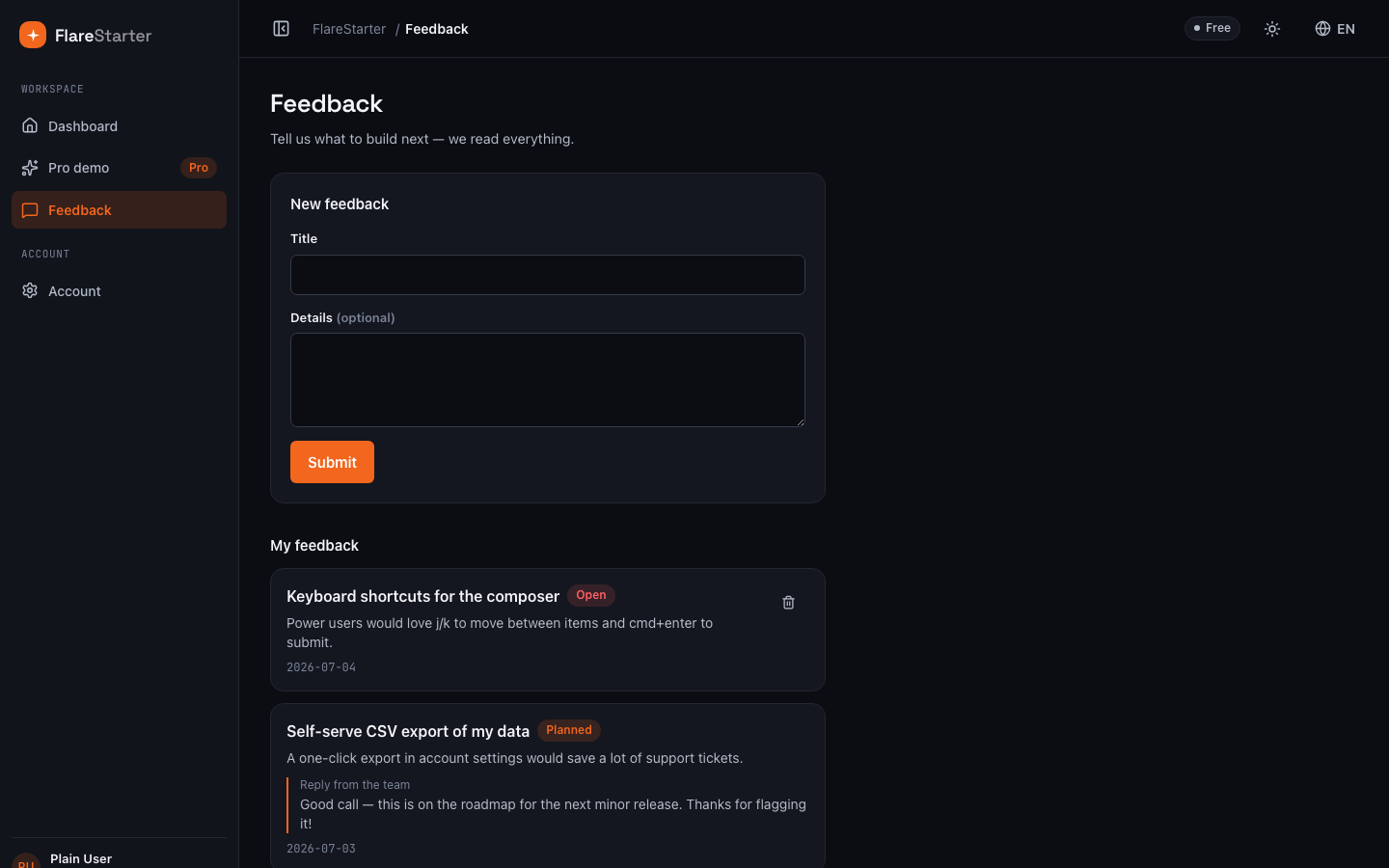 Feedback user page