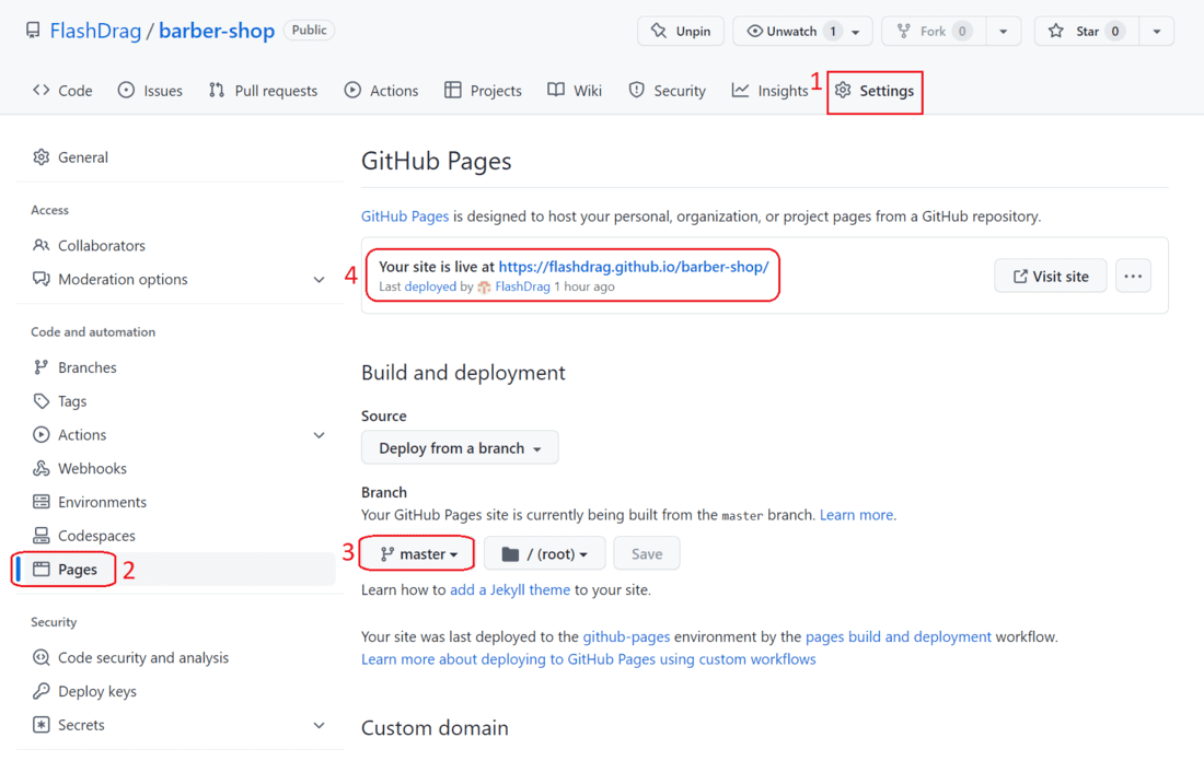 GitHub deployment settings