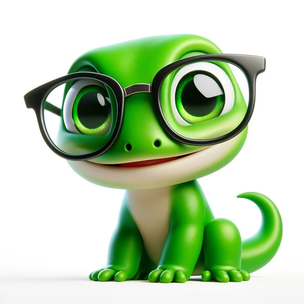 Gecko mascot, a green gecko wearing glasses