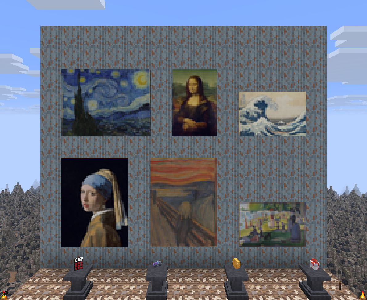 Recovered paintings over pedestals holding found objects.