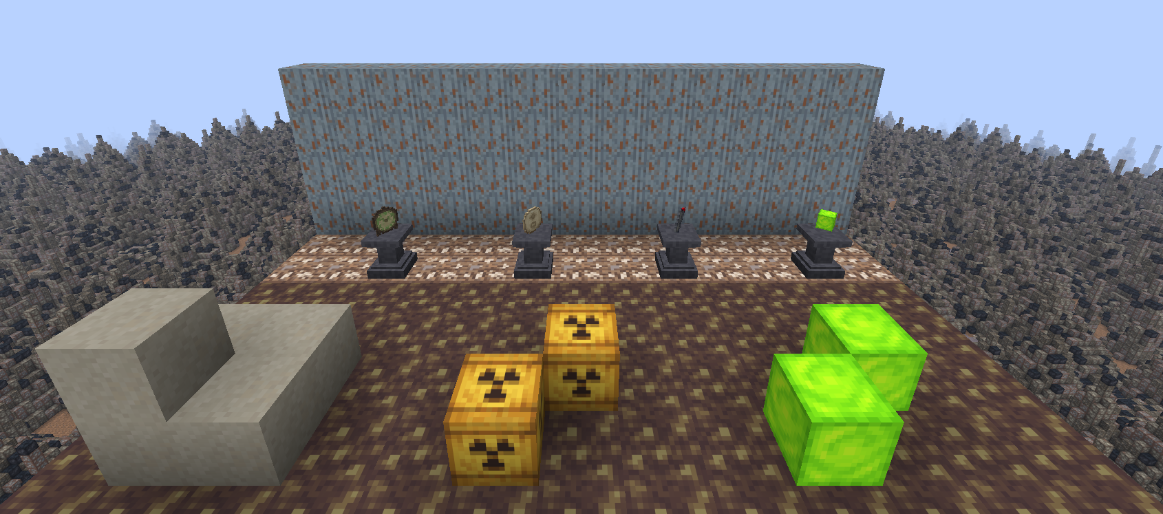 Mill tailings, waste drums and uranium glass, with the finds behind.