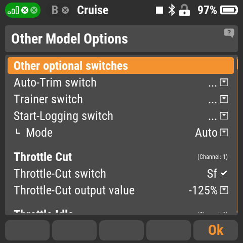 Throttle Cut on switch Sf with output value -125%, for Xicoy ECUs