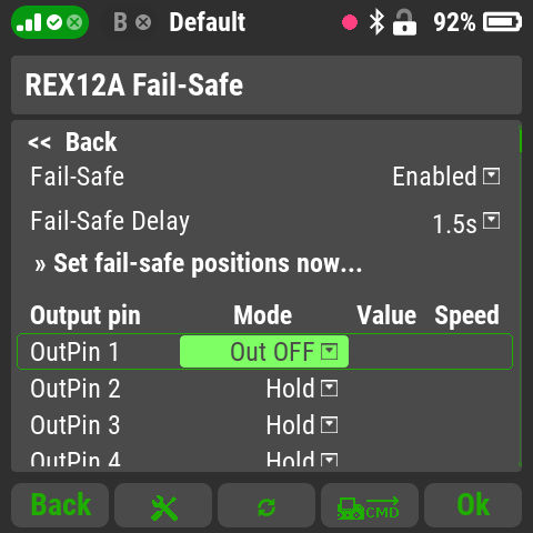REX12A Fail-Safe screen: Fail-Safe Enabled, delay 1.5s, OutPin 1 mode Out OFF