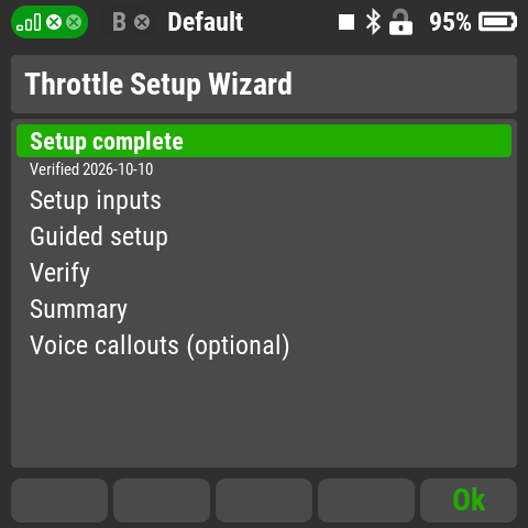 Throttle Setup Wizard home screen with Setup inputs and Voice callouts