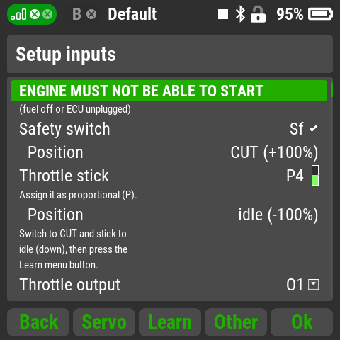 Setup inputs: engine warning, safety switch Sf at CUT (+100%), throttle stick P4 at idle (-100%), throttle output O1