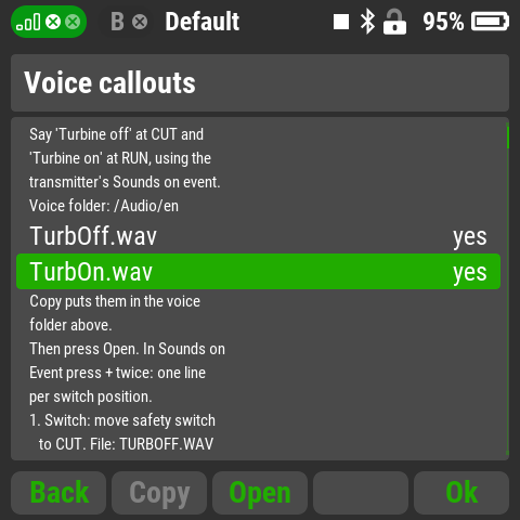 The app's Voice callouts screen: voice folder /Audio/en, TurbOff.wav yes, TurbOn.wav yes
