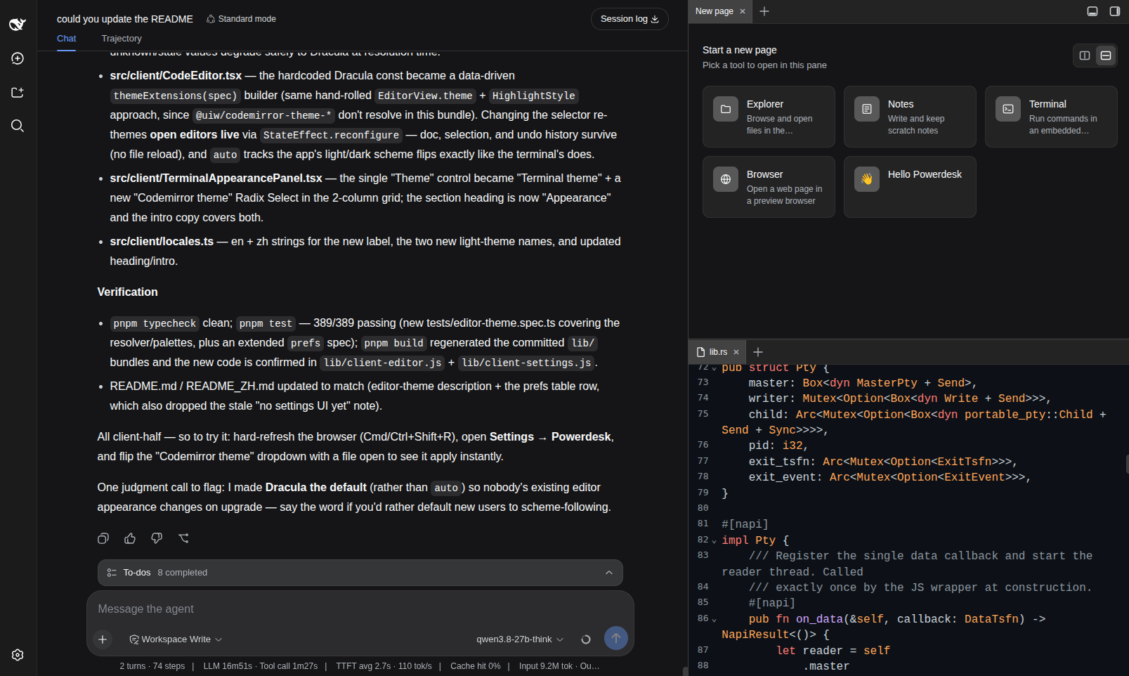 Settings → Powerdesk: one card per tab type, each with an enable toggle