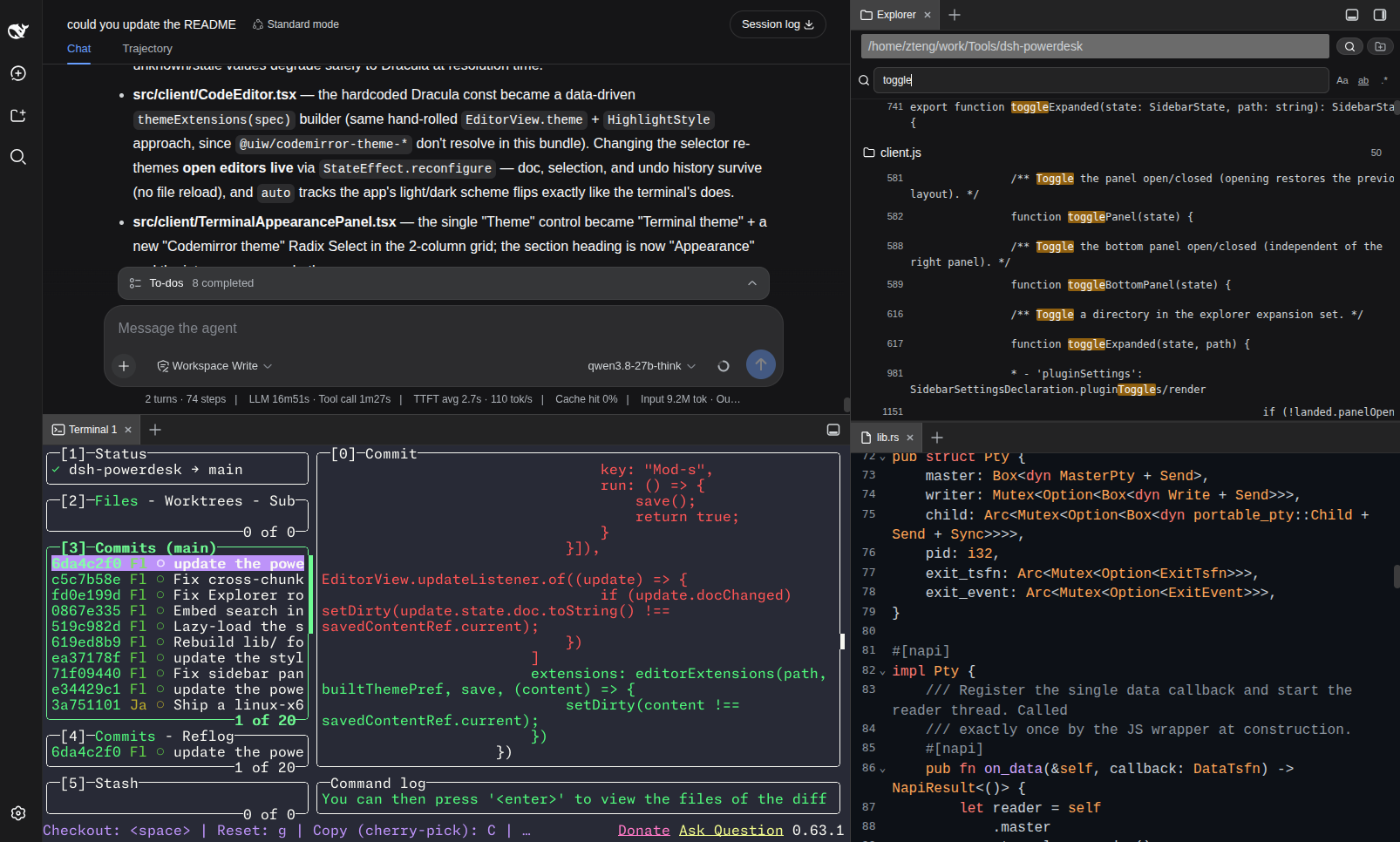 The Powerdesk workbench: the right and bottom panels with the Terminal, Explorer, Notes, Editor, and Browser tabs