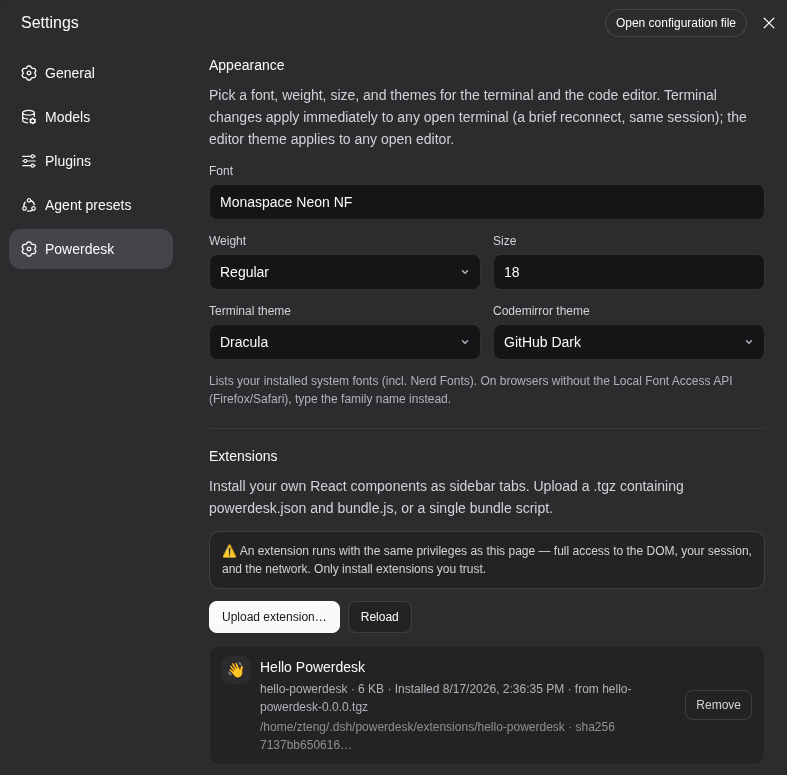 Settings → Powerdesk: the Appearance panel with the Terminal theme and Codemirror theme selectors