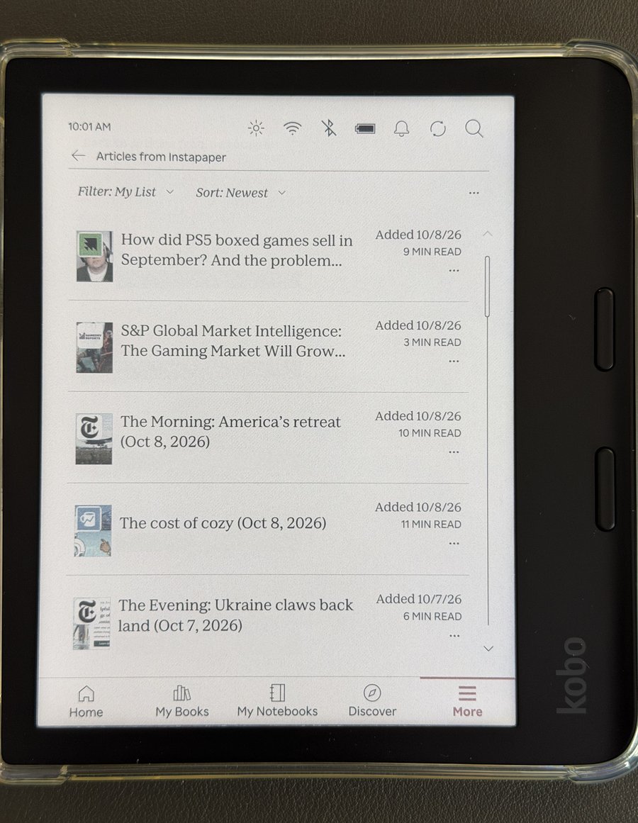 Instapaper article list on a Kobo e-reader, showing newsletters delivered by InboxInk
