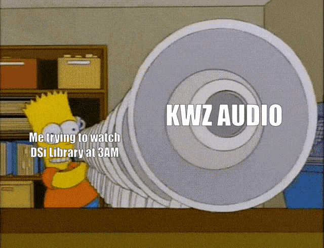 GIF of bart simpson lining up megaphones causing a sound blast, with KWZ audio related text added
