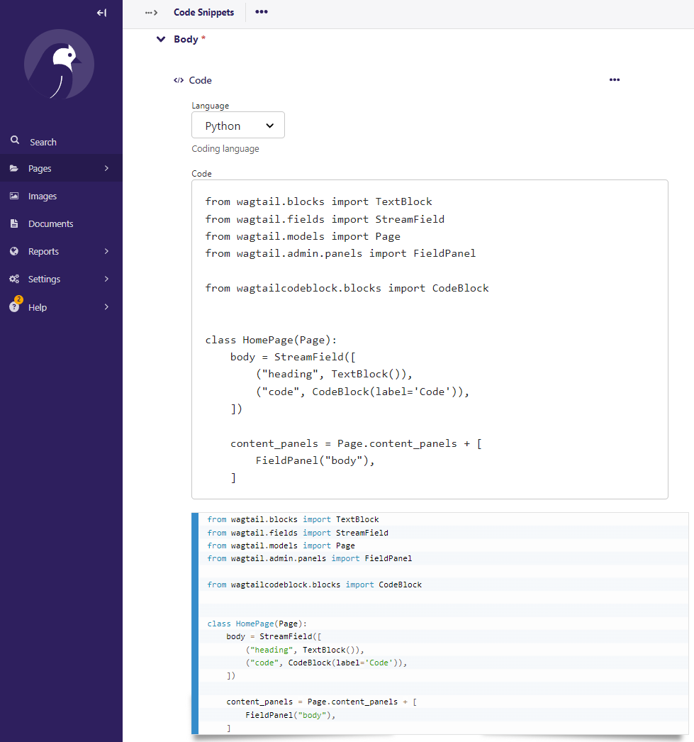 wagtailcodeblock