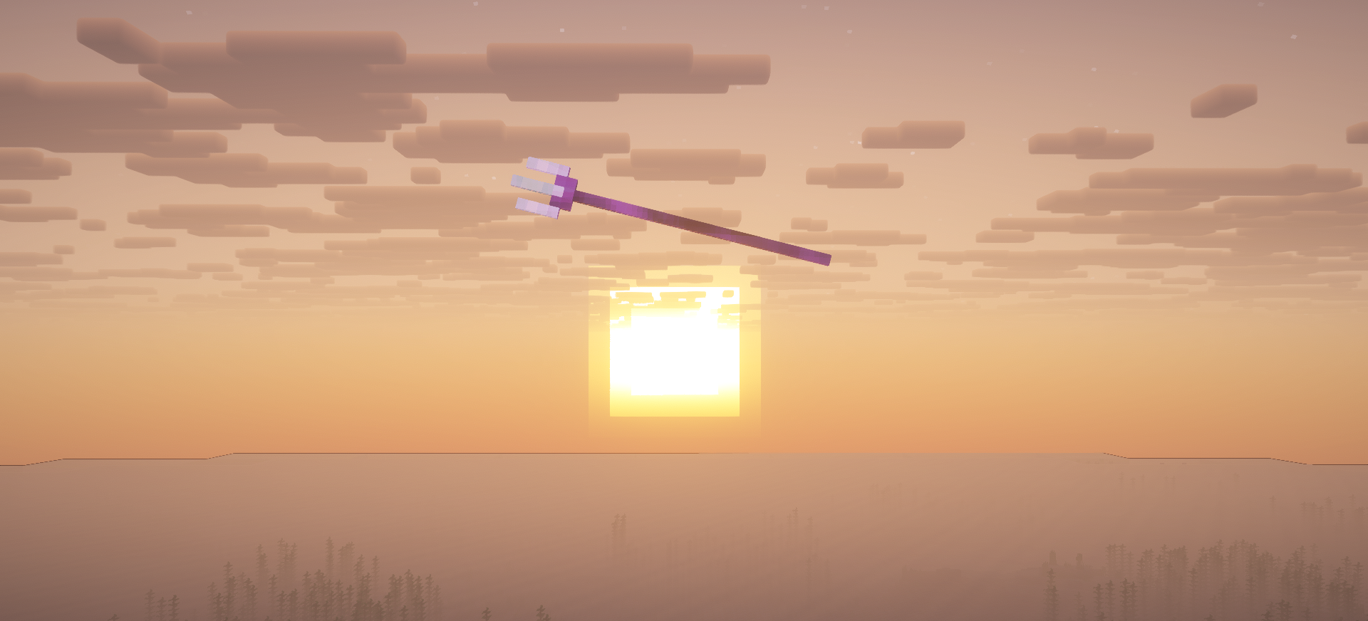 An enchanted trident flies over a golden sunset above the ocean.