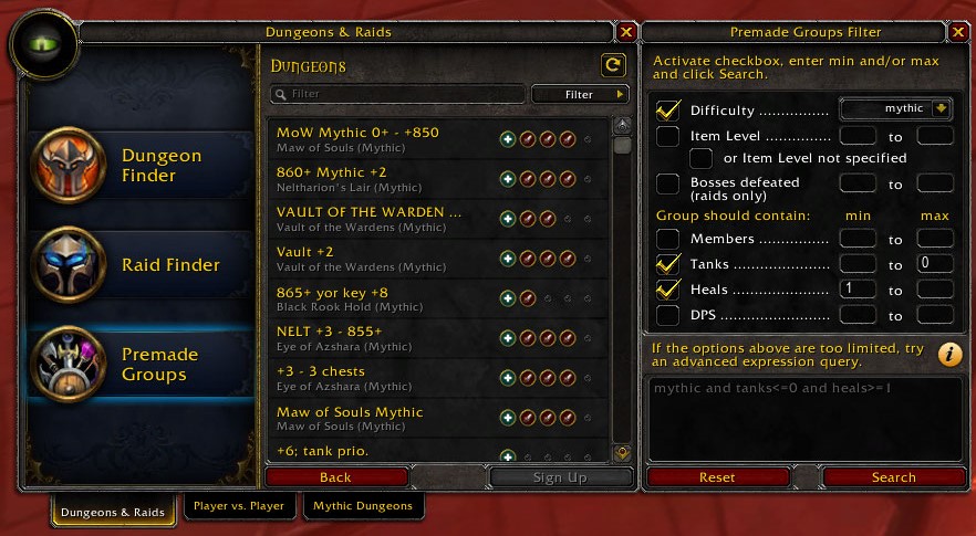 Premade Groups Filter next to the LFG Premade Groups window filtering for all mythic dungeons that still need a tank and already have a healer