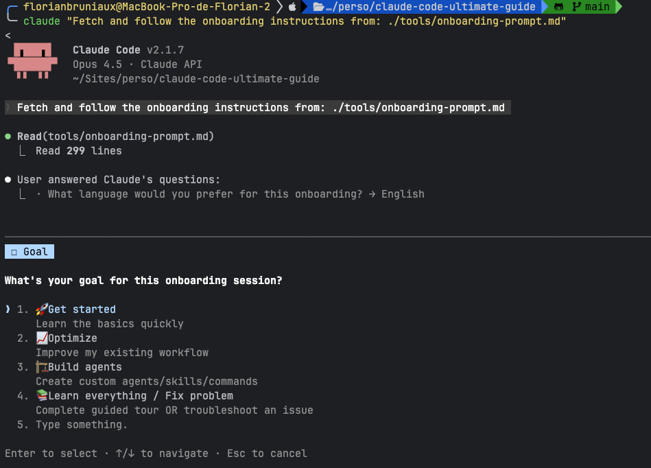 Claude Code Ultimate Guide interactive onboarding — choose your goal