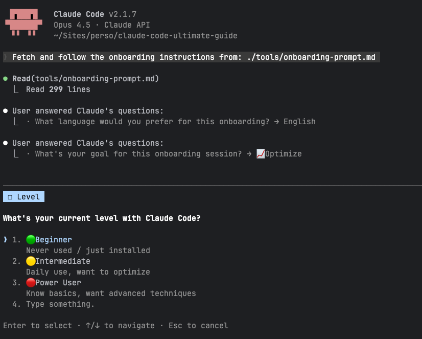 Claude Code Ultimate Guide — select your experience level