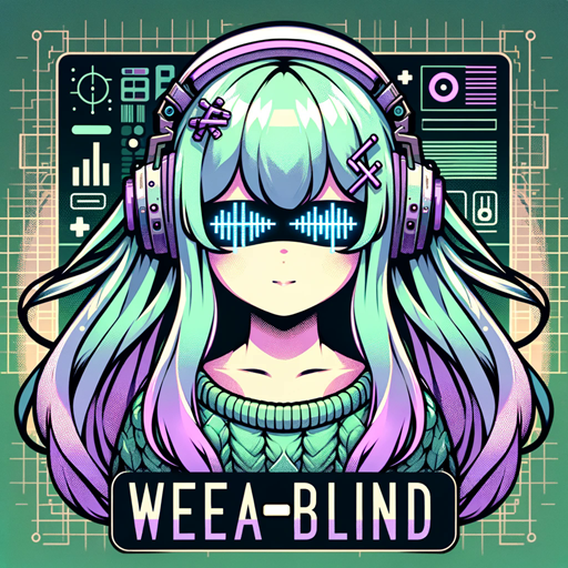 A blind anime girl with an audio waveform for eyes. She's got green and purple hair and a cozy green sweater and purple burrettes. This above the words Weea-Blind. The image was generated by Dall-E AI