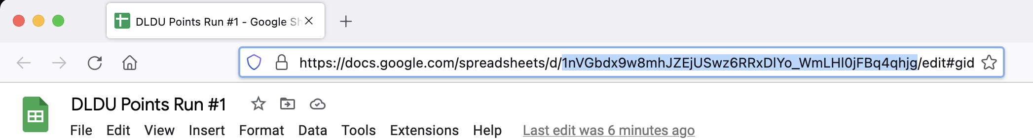 Screenshot of browser address bar with sheet id highlighted and selected