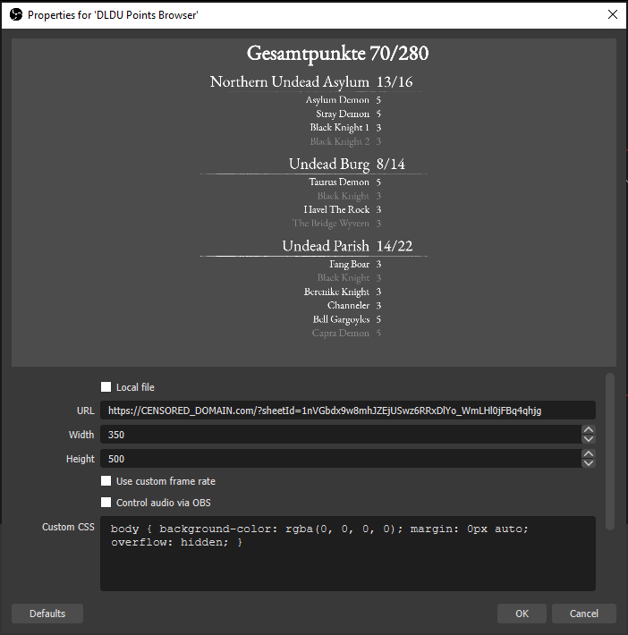 Screenshot of OBS browser source window with all textfields filled
