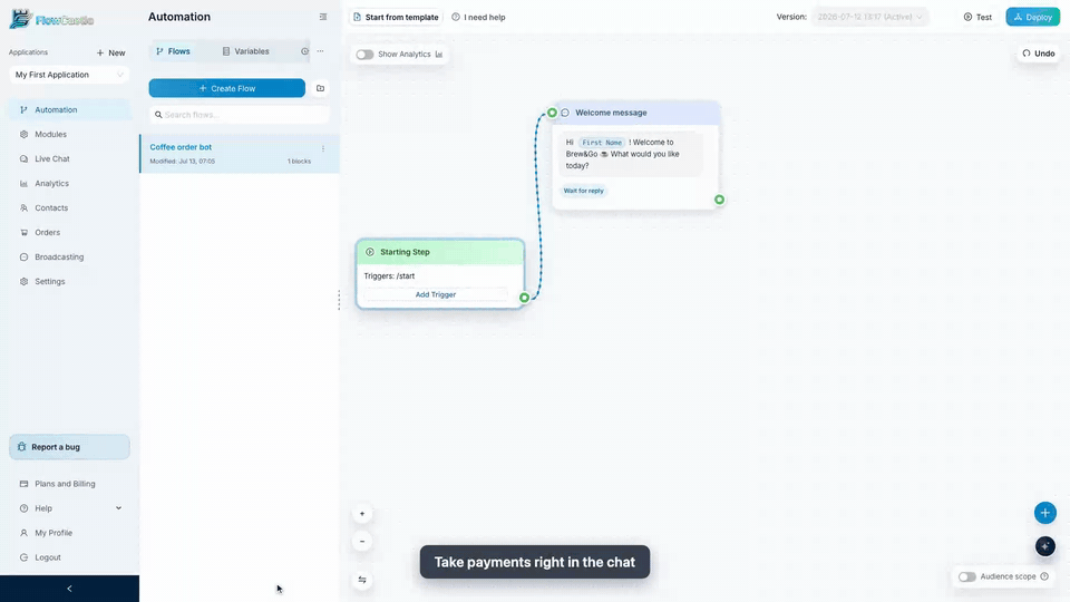 Dragging a connection onto empty canvas to create a payment block, then configuring a Telegram Stars product — no code