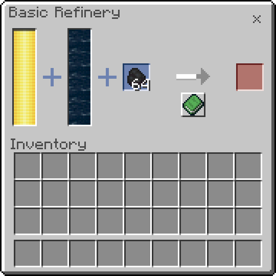 A Basic Refinery machine screen with energy and oil storage bars, a progress arrow, and an output slot