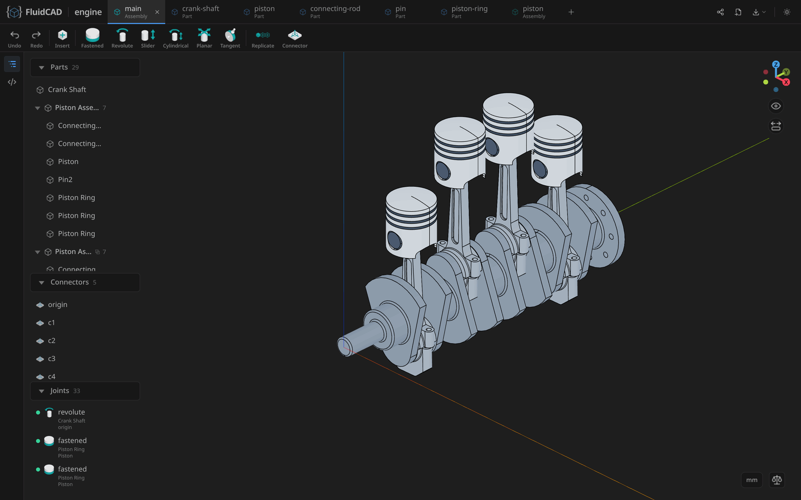 A four-cylinder engine assembly with its parts, connectors, and joints in the FluidCAD workspace