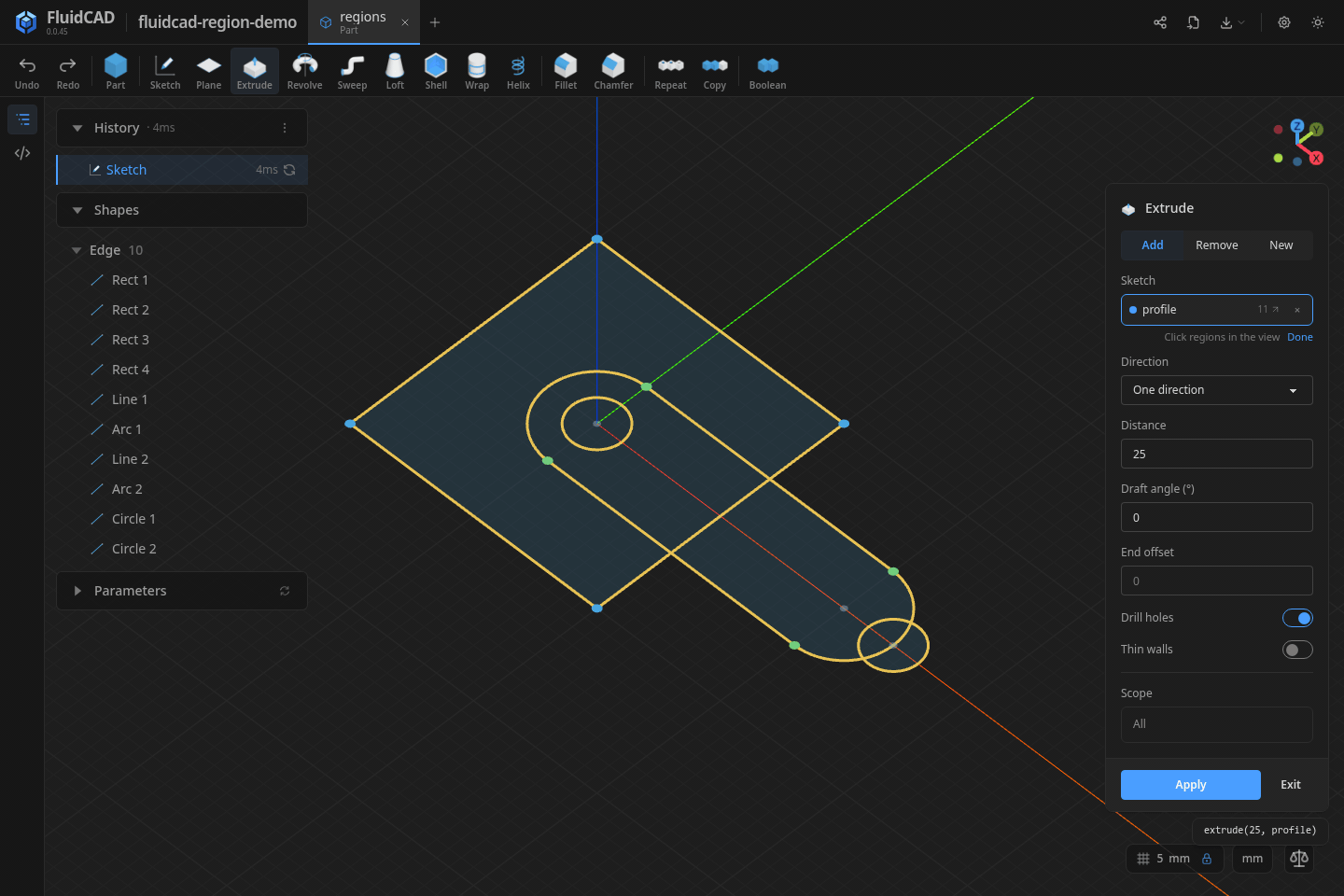 Selecting sketch regions and extruding them into a solid in FluidCAD