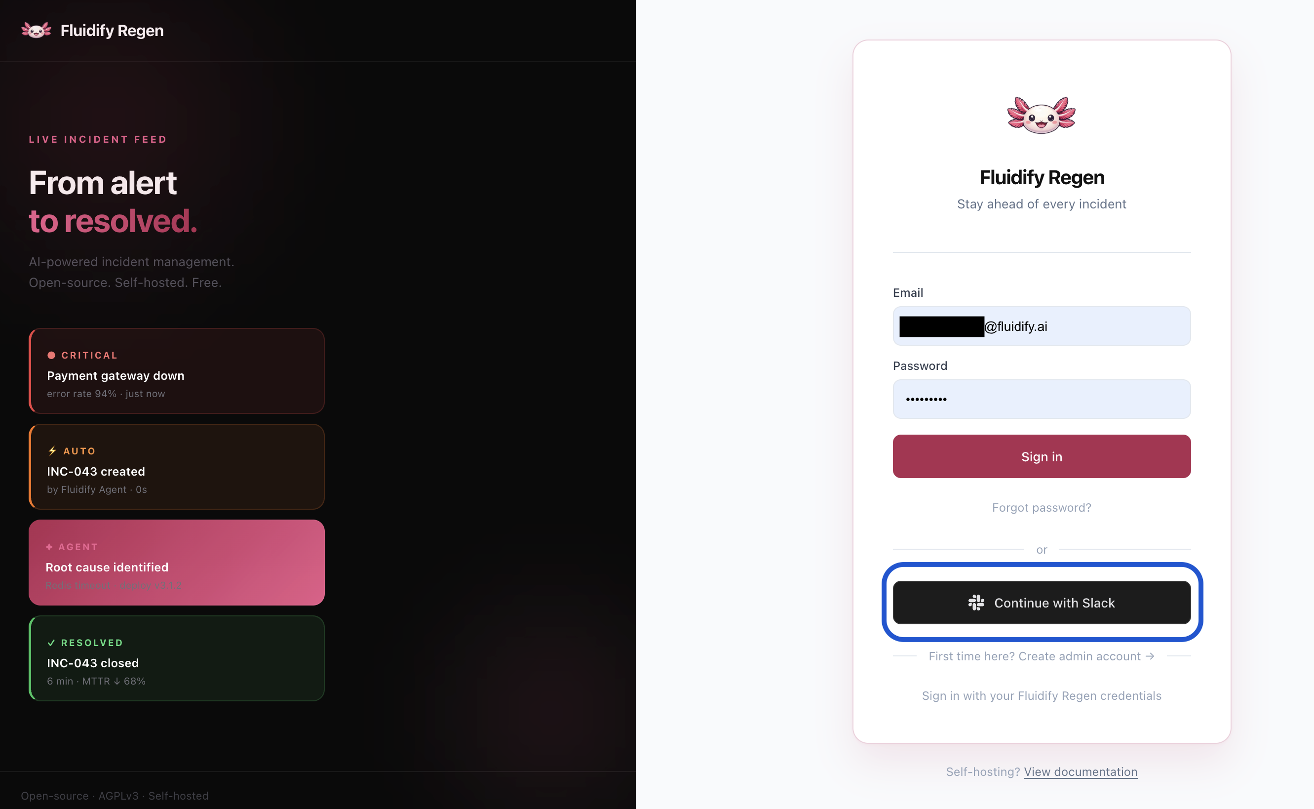 Fluidify Regen allows you to sign in with SSO/SAML from Okta, Azure AD, Google Workspace, Slack