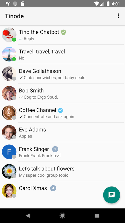 Android screenshot: list of chats